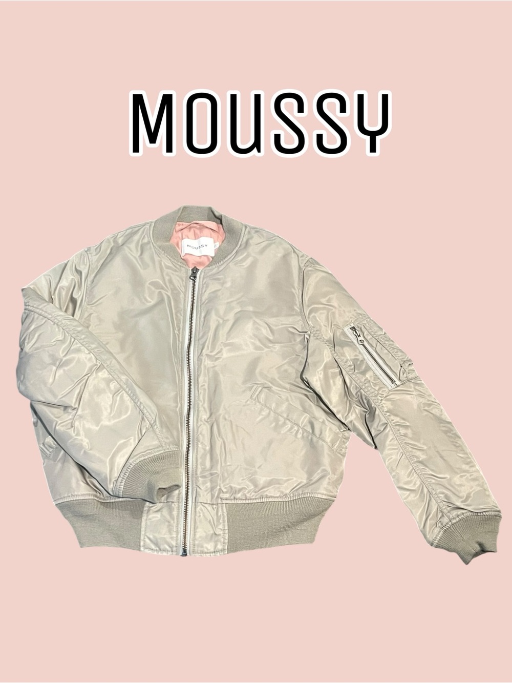 Moussy Gray Satin Pink Lined Bomber Jacket Size 1 / Small US Size